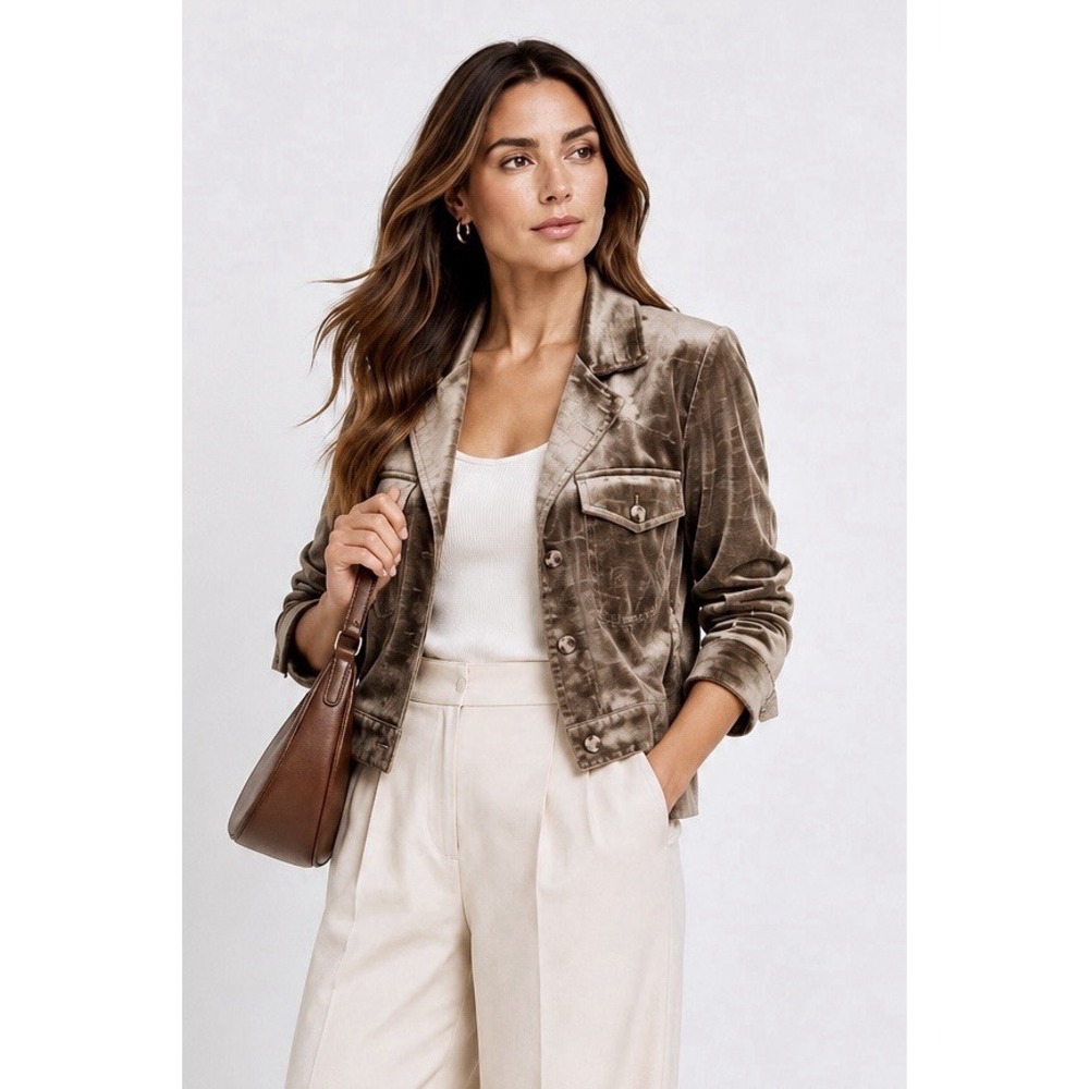 Cabi Velvet Utility Jacket M Taupe Shimmer Military Cropped Luxe Button Front